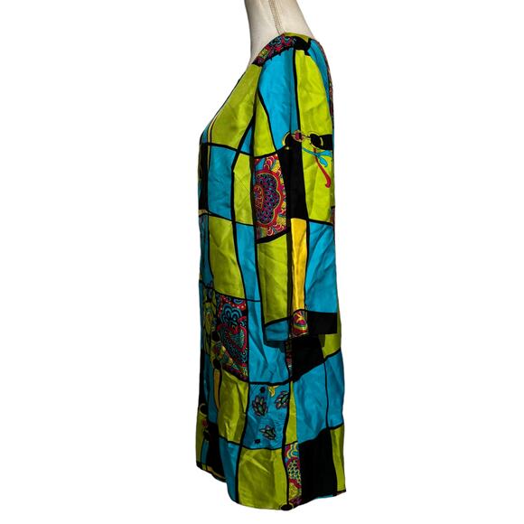 Muse Sz 12 Dress 100% Silk Geometic Blue Black‎ 3/4 Sleeve Green Flare Lined - Picture 3 of 5